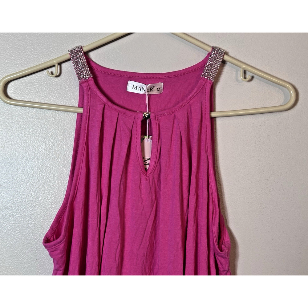 Maner Top Women's Med M Hot Pink Beaded Sleeveless Pleated Neck Keyhole New NWT - Picture 2 of 10